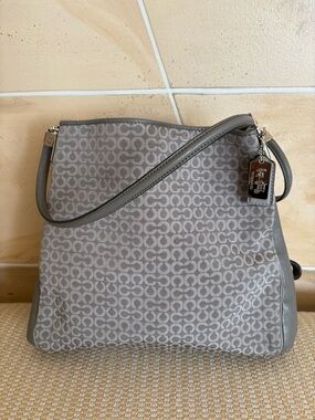 Coach Grey Signature Canvas Shoulder Bag with Leather Trim